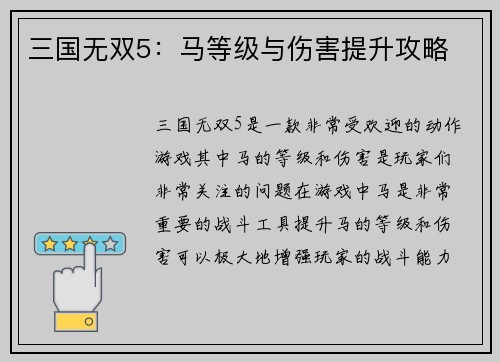 三国无双5：马等级与伤害提升攻略